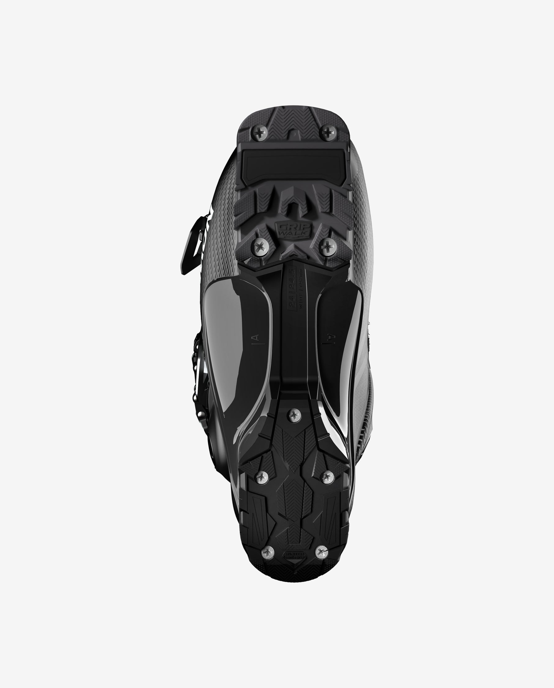 Schwarzer Skischuh von unten, mit Schrauben und Grip-Walk-Sohle. Die Schuhgröße und Markierungen sind sichtbar.
