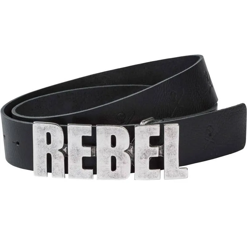 Black leather belt with large, silver-colored "REBEL" buckle.
