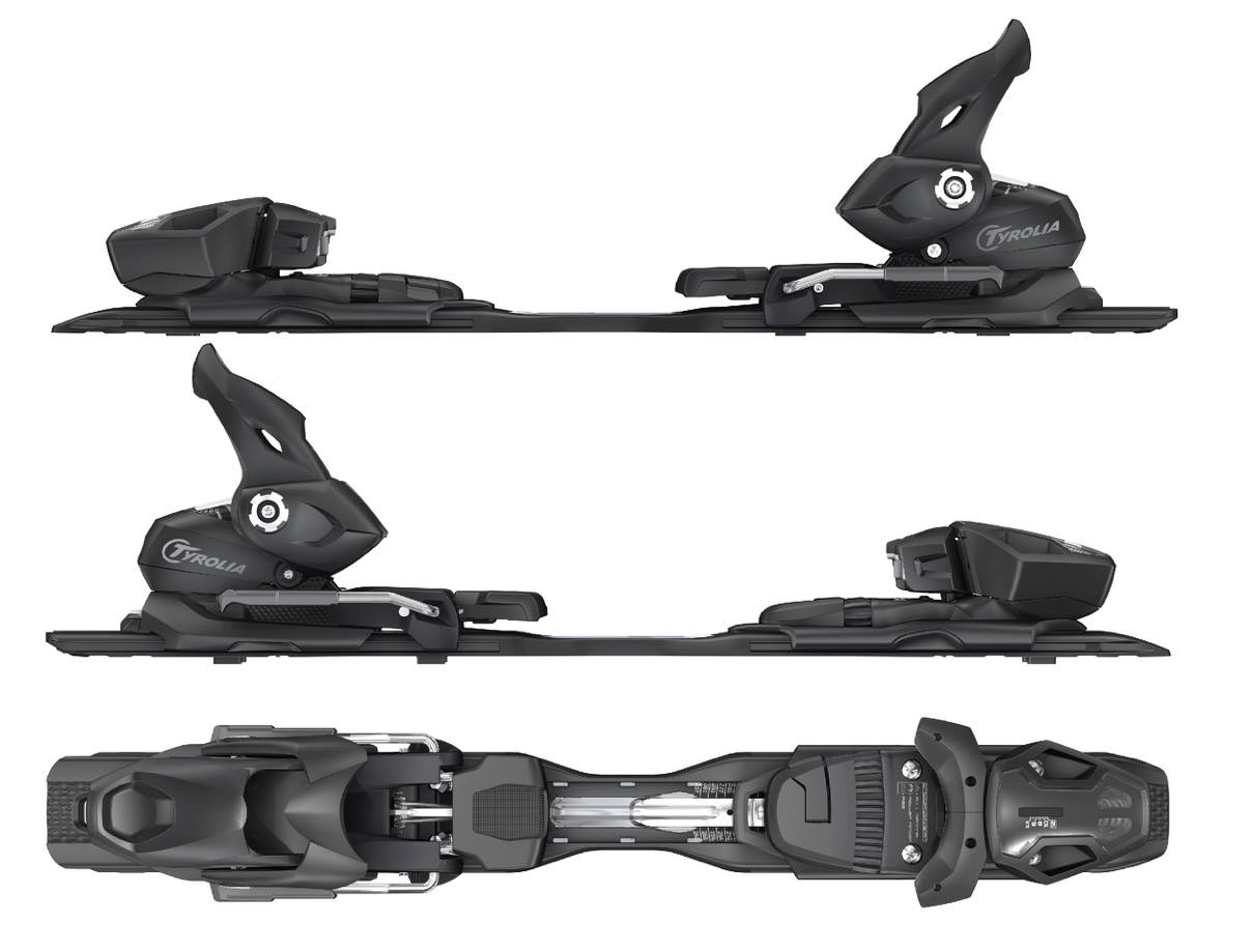 Tyrolia Fixation de ski PRD 12 GW Trois vues de la fixation de ski noire Tyrolia PRD 12 GW, de côté et de dessus.