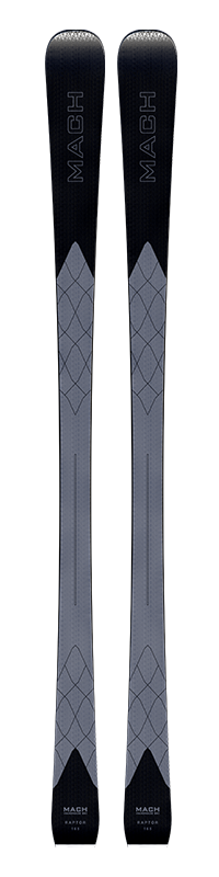 Zwei Ski, MACH RAPTOR, von oben fotografiert. Dunkle Spitze mit hellem, geometrischen Muster in der Mitte.