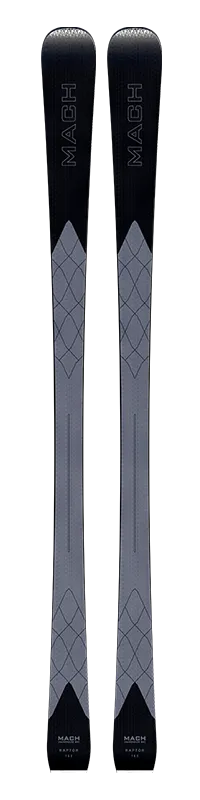 Two skis, MACH RAPTOR, photographed from above. Dark tip with light, geometric pattern in the middle.