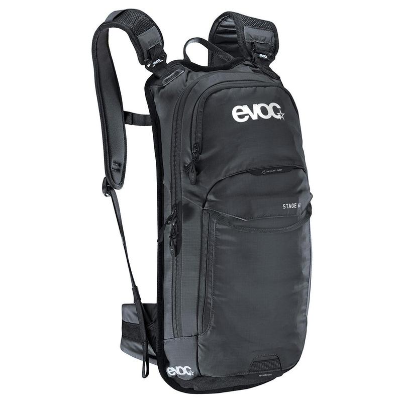 Schwarzer Evoc Stage 6l Bikerucksack mit Schultergurten, Reissverschlüssen und Logos.