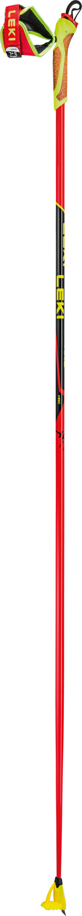 Roter Leki HRC Team Langlaufstock mit Korkgriff und gelbem Teller auf weißem Grund.
