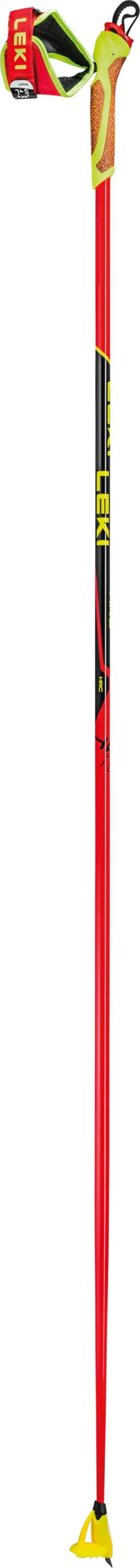 Red Leki HRC Team cross-country pole with cork grip and yellow plate on white background.