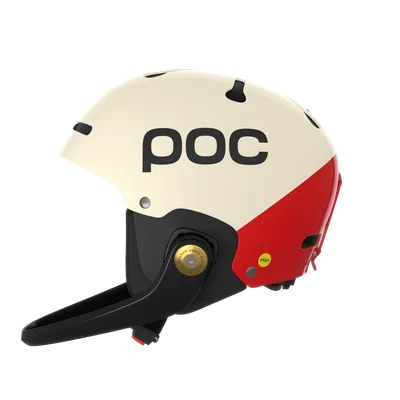 Cream-colored ski helmet with red accent, black chin strap and POC logo, insulated on white.