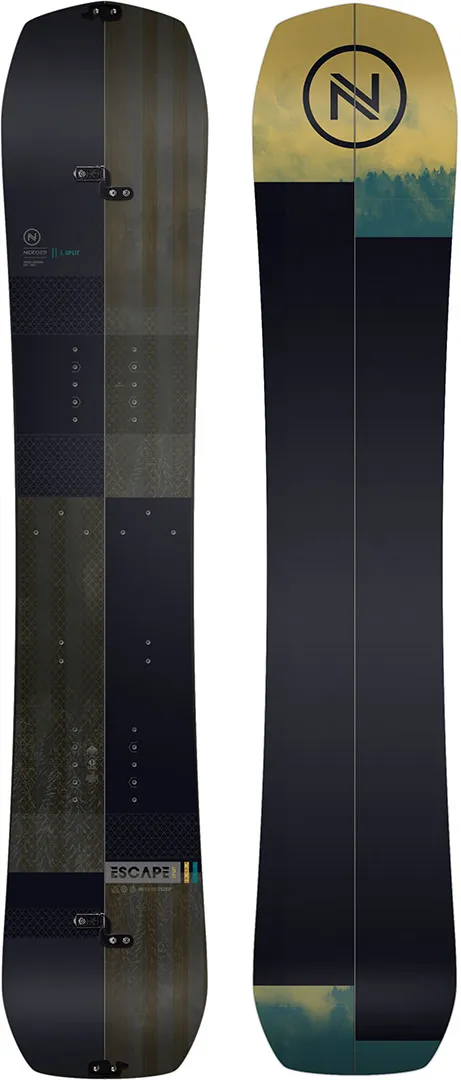The Nidecker Escape splitboard, top and bottom with graphic patterns and the Nidecker logo.