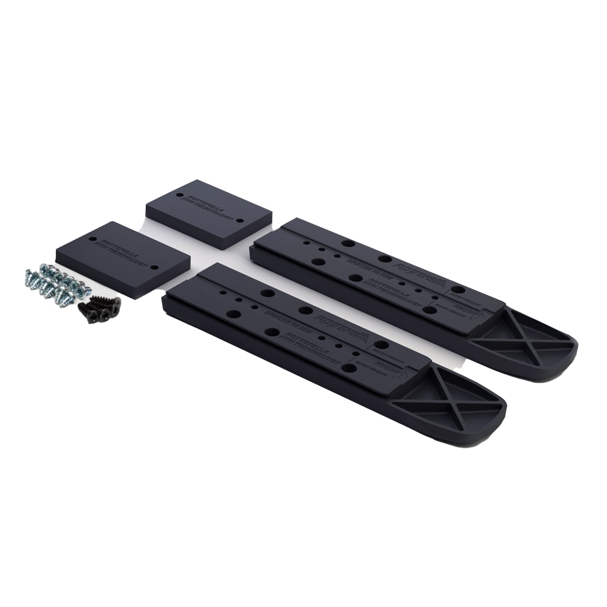 Schwarzer Rottefella NTN Freeride Spacer (10mm) mit Schrauben und Montageplatten.