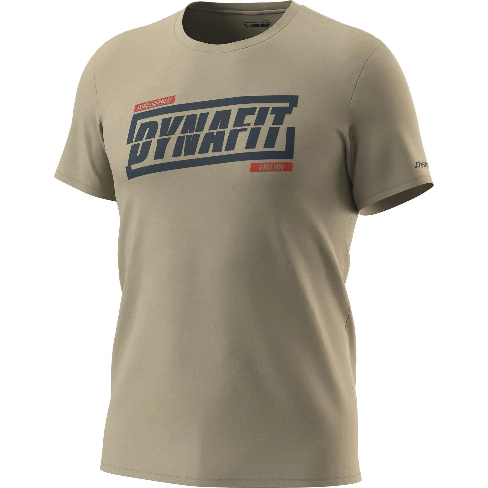 T-shirt Dynafit color kaki con logo "Dynafit" blu e scritta "SINCE 1950" rossa.