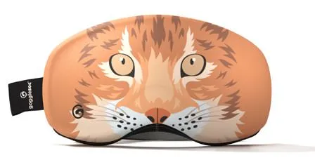 Gogglesoc Pro with cat motif. Orange tiger cat face printed on the ski goggle protector.