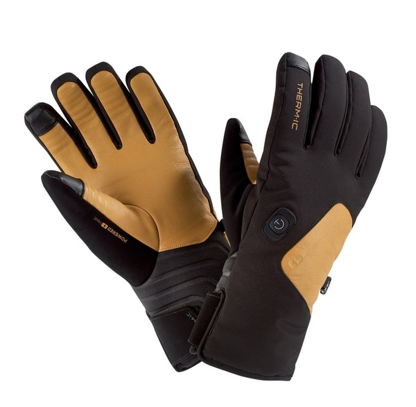 Ein Paar Therm-ic Power Gloves Skilight Heizhandschuhe in Schwarz und Braun liegen auf einem weißen Hintergrund.