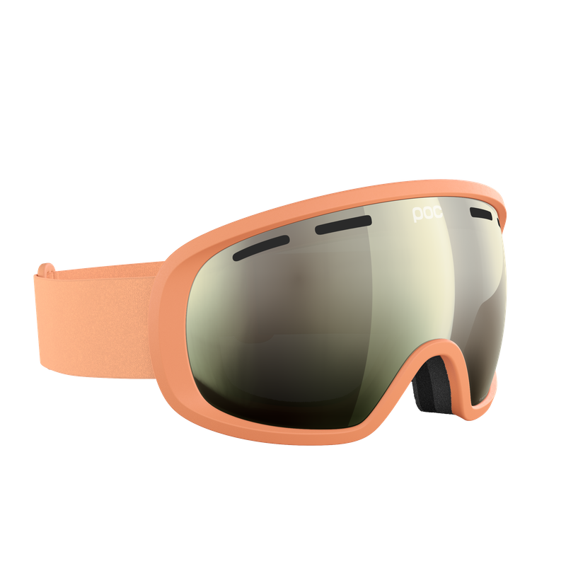 Pfirsichfarbene Skibrille mit verspiegelter Linse und schwarzem Nasenpolster.
