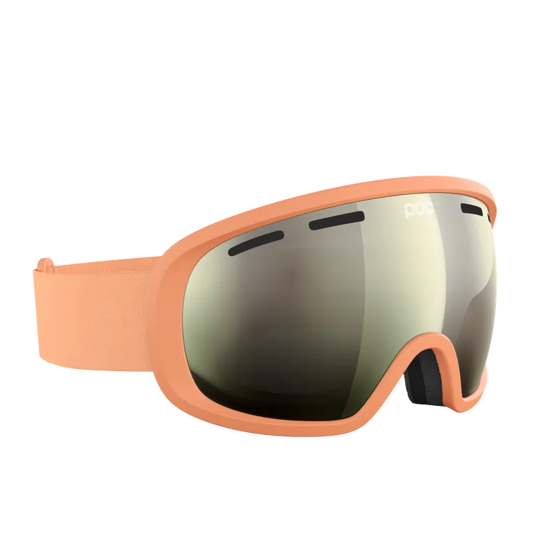Peach-colored ski goggles with mirrored lens and black nose pad.