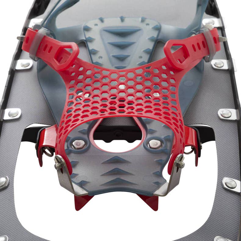 MSR Lightning Ascent Schneeschuh Detailaufnahme eines MSR Lightning Ascent Schneeschuhs mit roter Paragon-Bindung und grauem Rahmen.