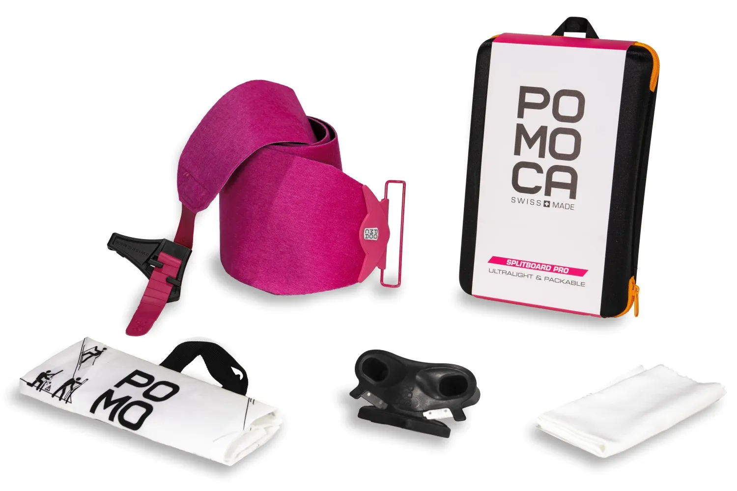 A set of splitboard accessories, including pink climbing skins, a storage bag, a bag and a tool.