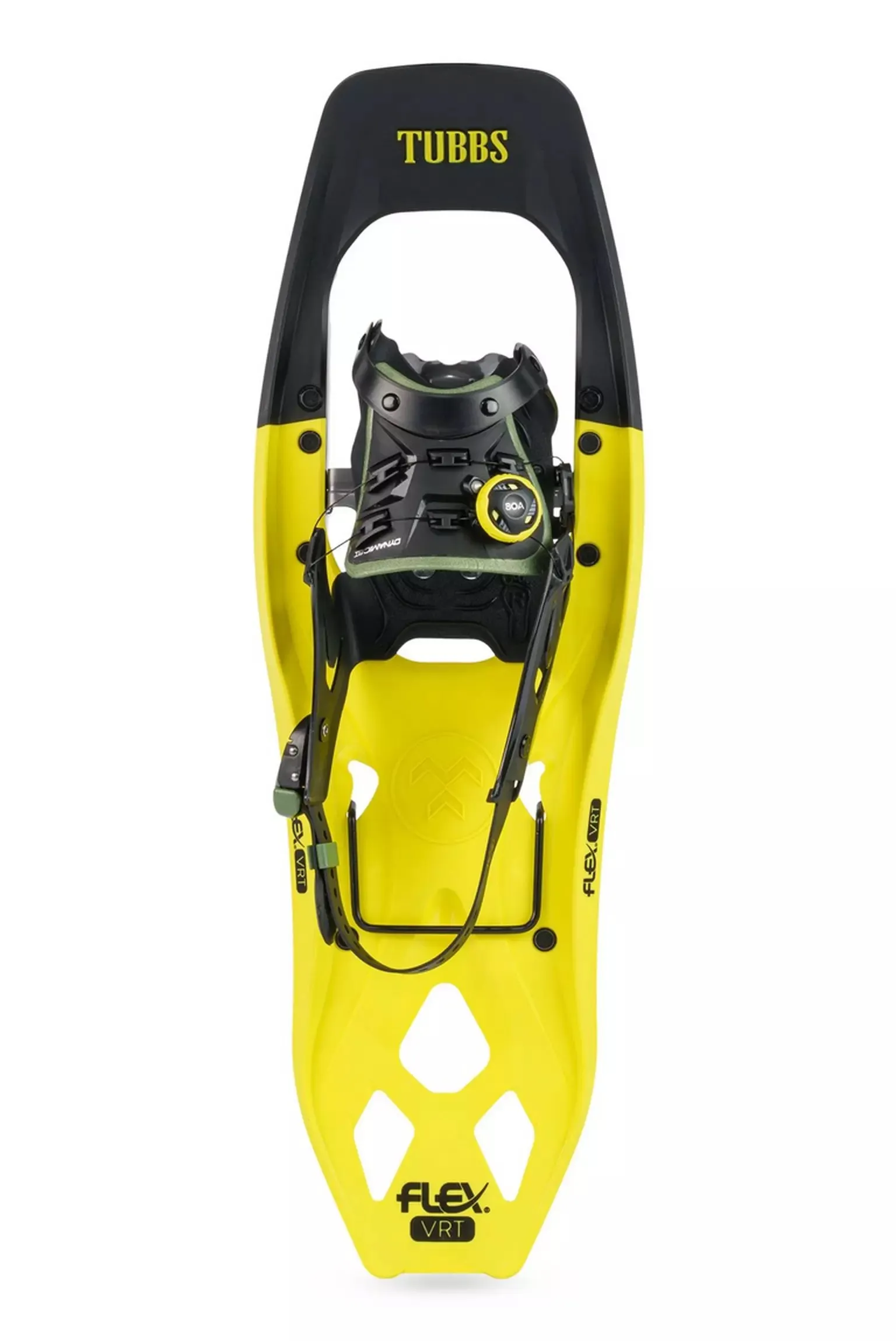 Yellow Tubbs Flex VRT 25 snowshoe with black binding and twist lock, top view.