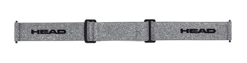 Skibrillenband in Silber mit Glitzer-Effekt und schwarzem "HEAD"-Logo und schwarzen Schnallen zur Größenverstellung.