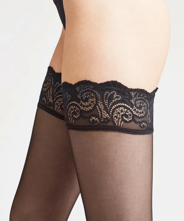 Jambes avec stay-ups noirs transparents et dentelle noire décorative.