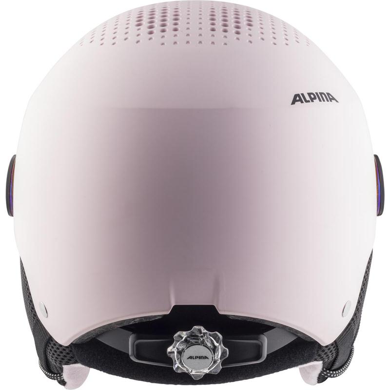 Vue arrière d'un casque de ski rose mat Alpina Zupo Visor avec trous d'aération et molette de réglage de la taille.