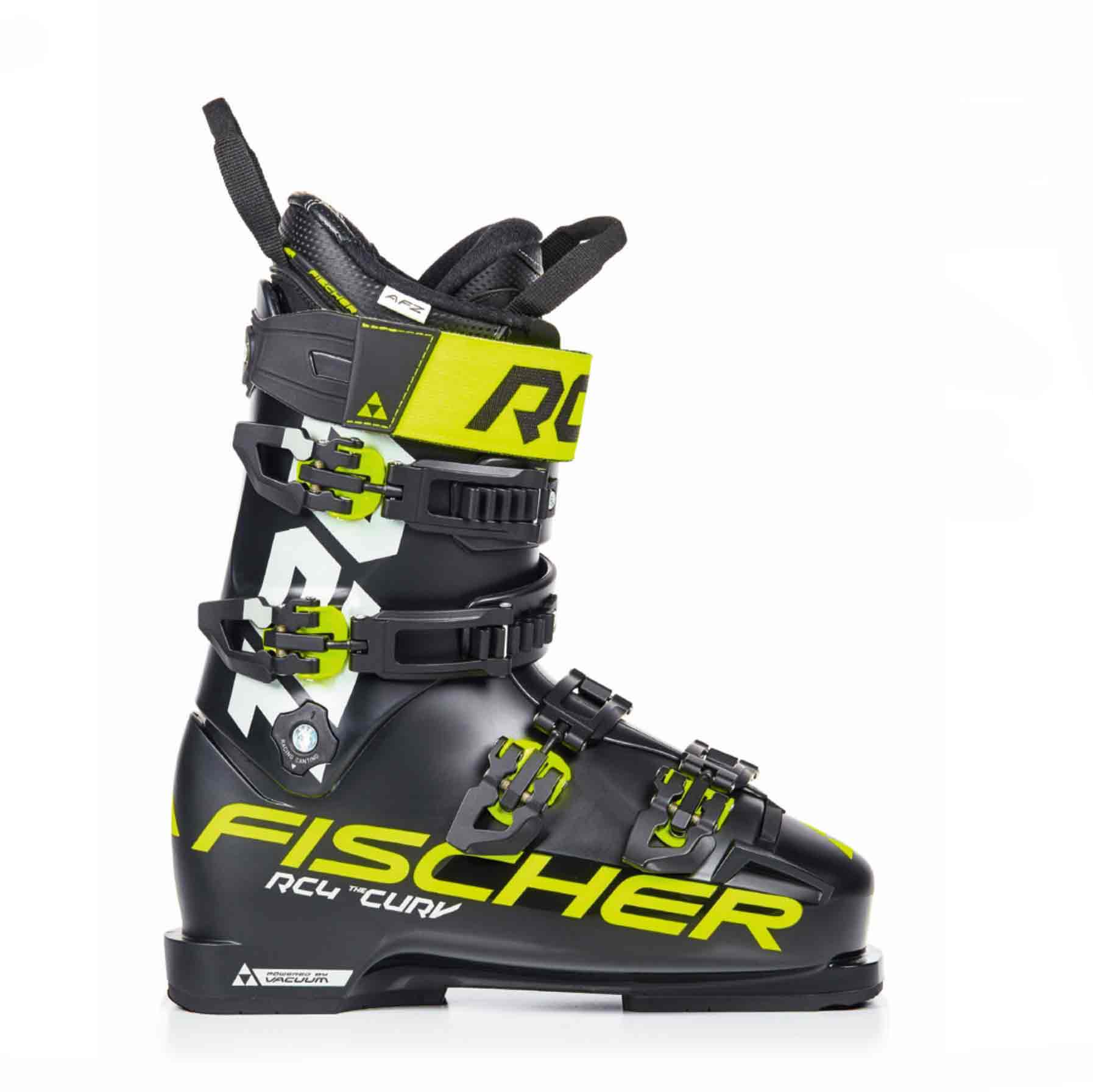 Schwarzer Fischer RC4 The Curv 120 Skischuh, Seitenansicht, gelbe Akzente, Schnallen und Logos.