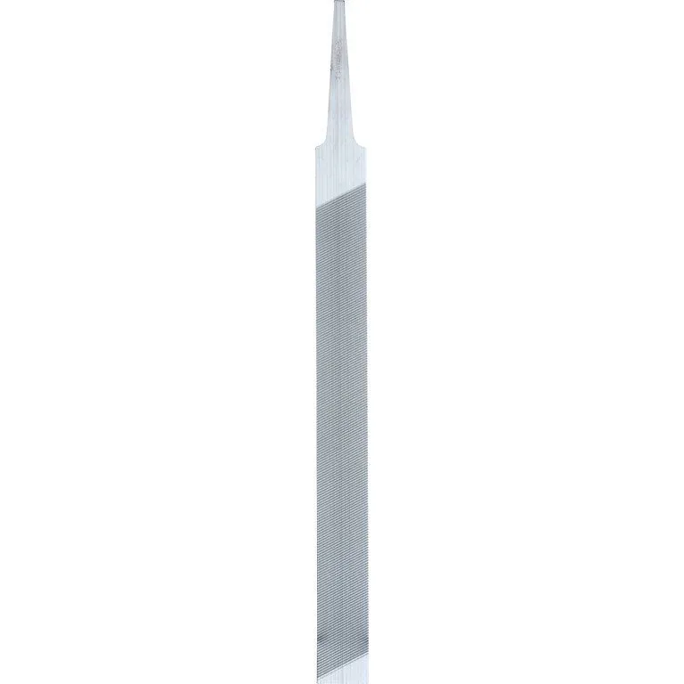 Silberne 15cm Feile mit schmal zulaufender Spitze und feinen, parallelen Rillen.