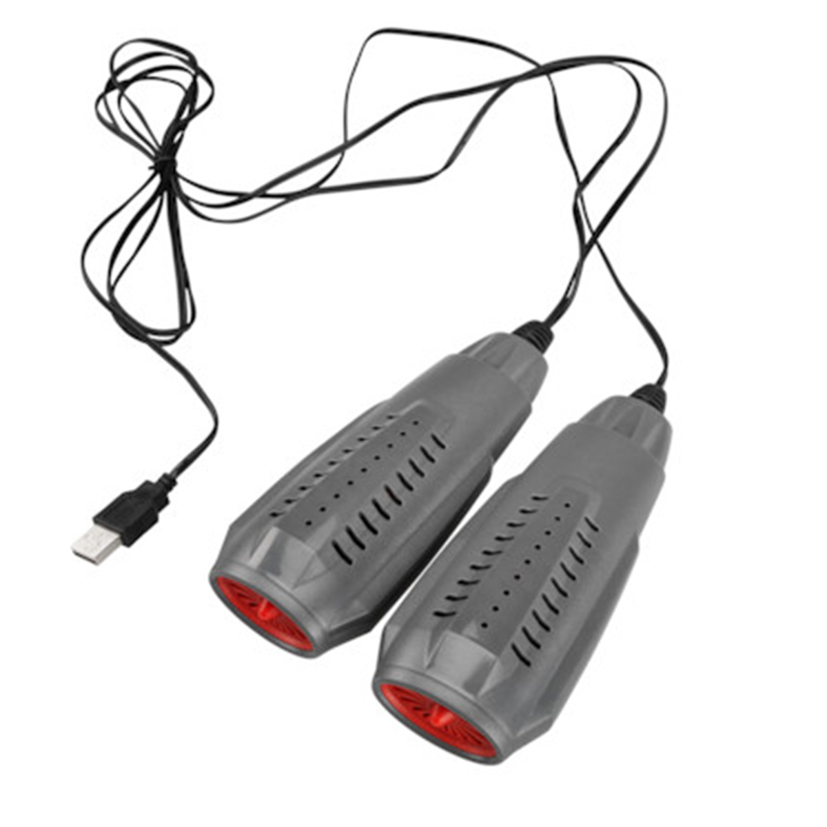Graue Schuhwärmer mit USB Graue Micro Dry 2 Schuhwärmer mit USB-Kabel liegen auf weißem Grund. Sie haben Schlitze und rote Heizelemente.