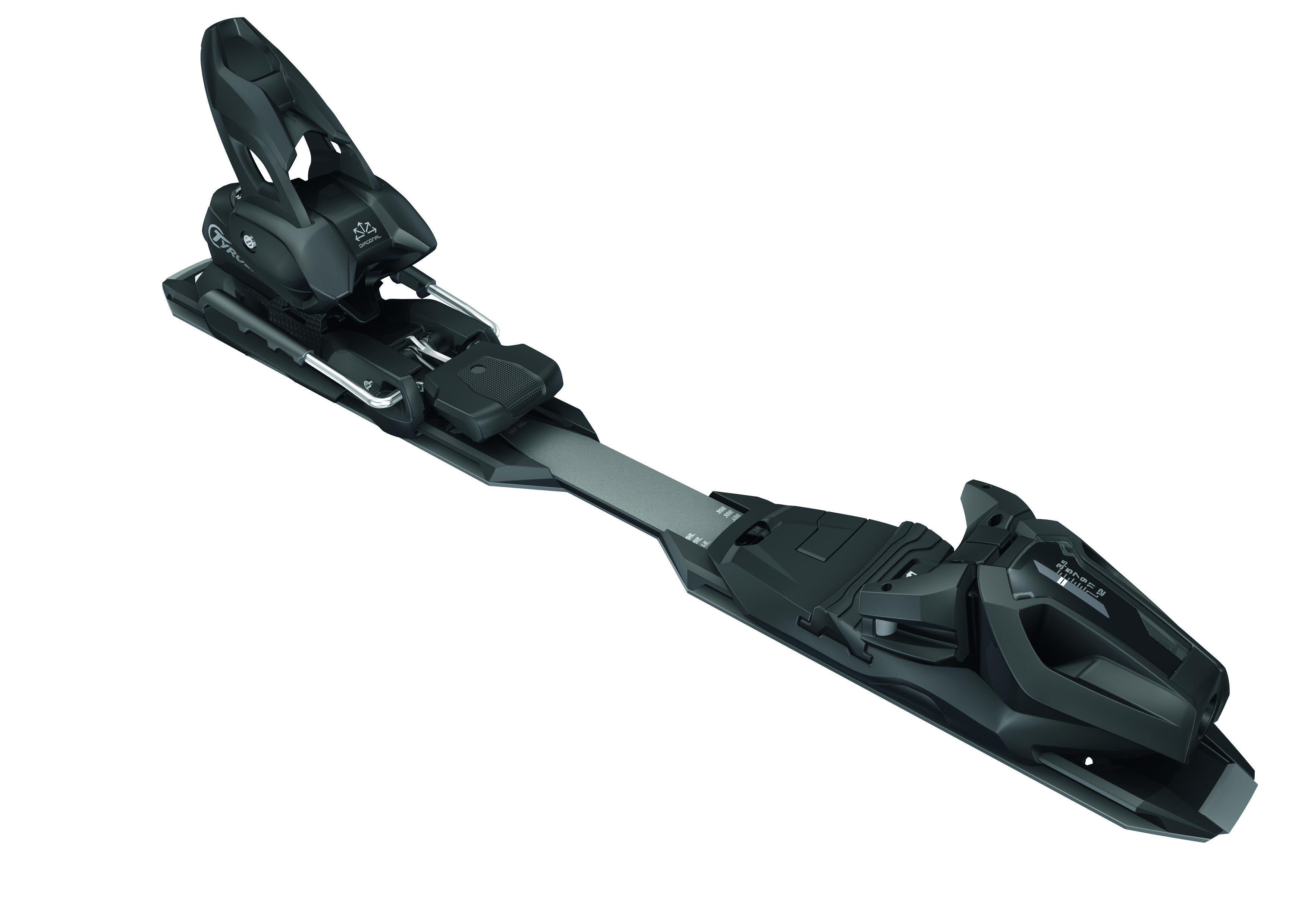 Schwarze Ski-Bindung für Kessler Pandora Ski, seitliche Ansicht mit sichtbaren Einstellmechanismen.