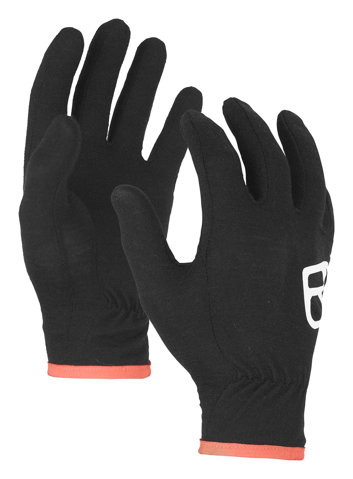 Schwarze Merino Handschuhe, Handflächen nach oben, mit rotem Bund. Logo auf rechtem Handschuh.