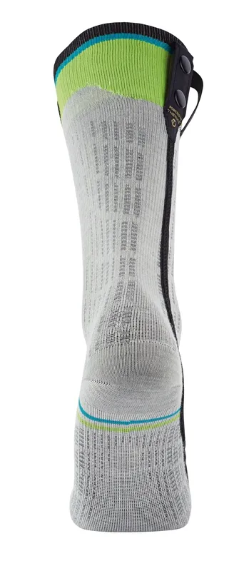 Graue Ski Heat Race Socke mit farbigen Bündchen und schwarzer Applikation.