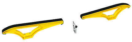 Dispositif de fixation pour skis de fond Dispositif de serrage jaune pour skis de fond avec surface d'appui noire et pince à visser argentée.