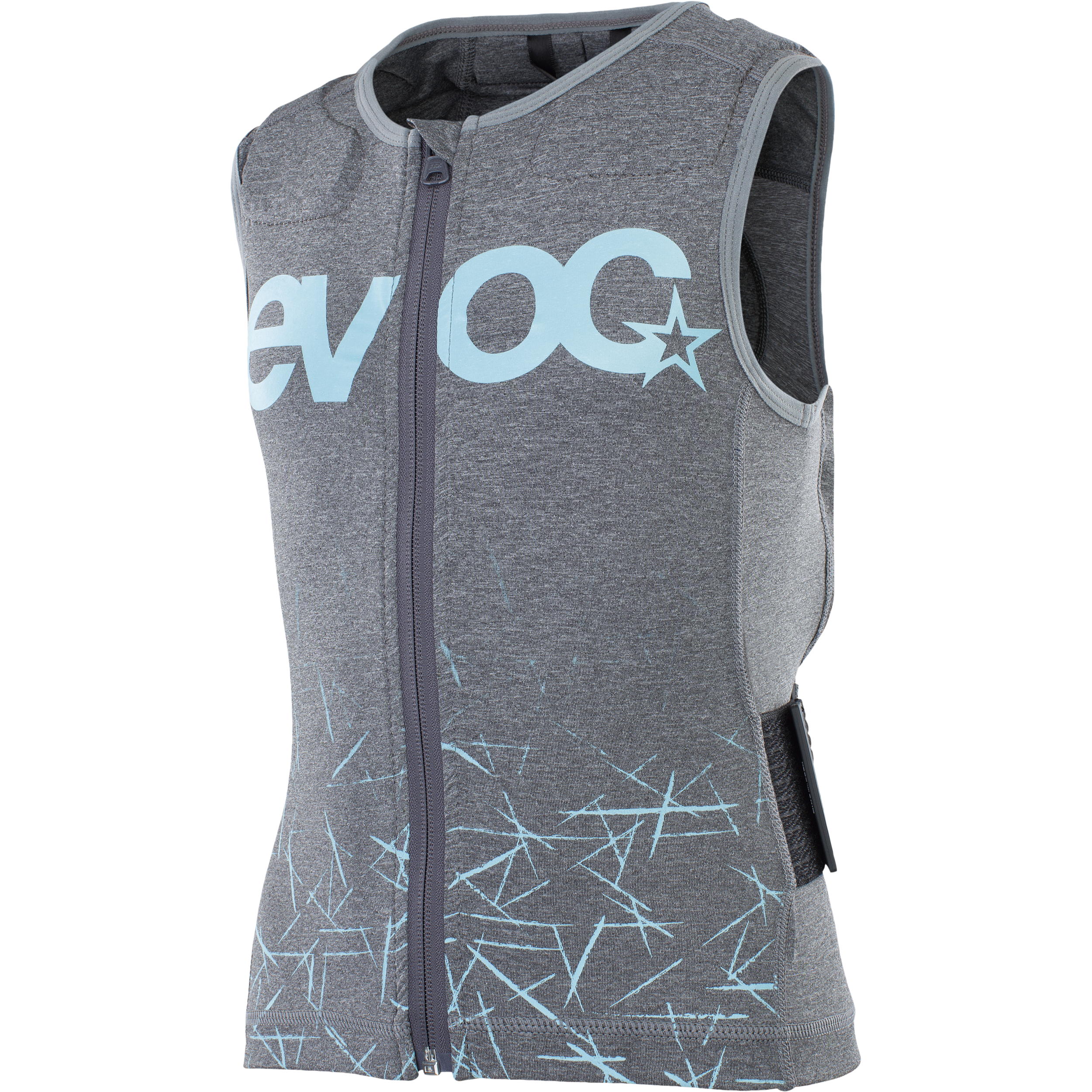 Graue Evoc Protector Weste für Kinder mit Reißverschluss und hellblauen Akzenten und Logo.