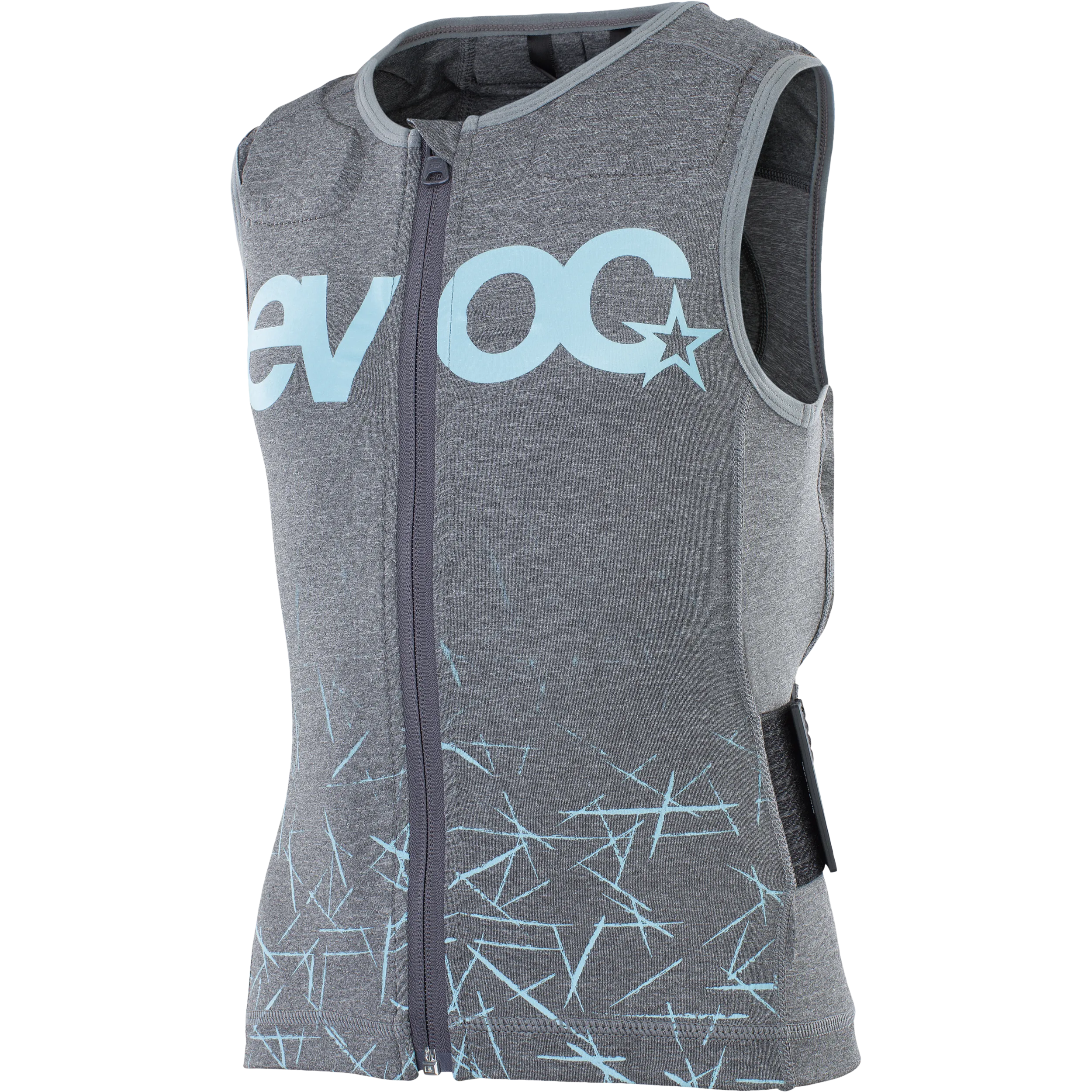Graue Evoc Protector Weste für Kinder mit Reißverschluss und hellblauen Akzenten und Logo.