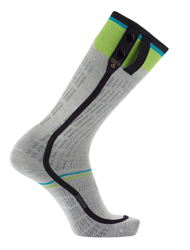 Graue Sidas Ski Heat Race S.E.T Socke mit fluogrünem Bündchen, schwarzer Akzentlinie und Knöpfen.