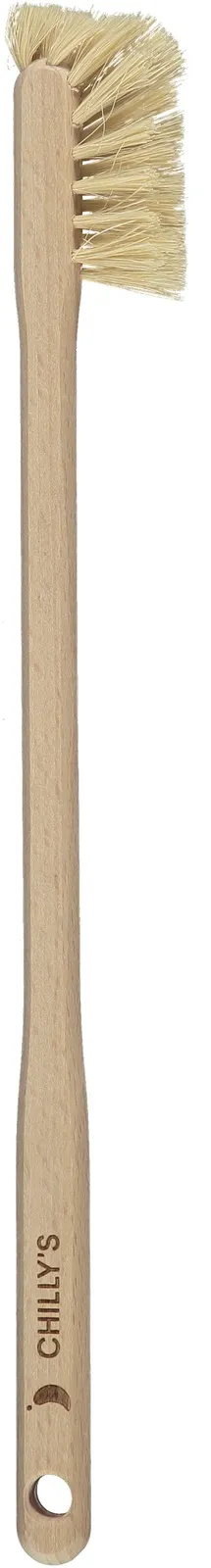 Light-colored Chillys brush with wooden handle and light-colored bristle head, for bottle cleaning.