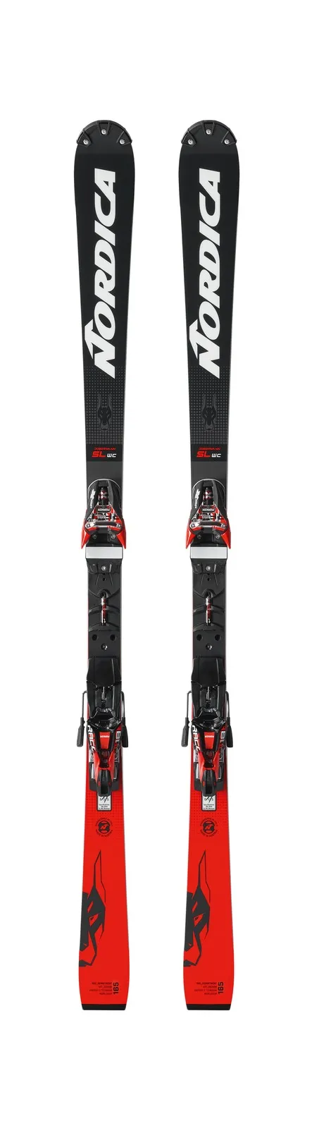 Nordica Ski Dobermann SL WC with mounted binding from the front. The design is black, white and red.