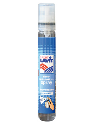 Schmale, durchsichtige Sprühflasche mit blau-weißem Etikett "Sport Lavit Hand Desinfektionsspray".