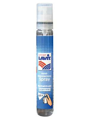 Vaporisateur étroit et transparent avec étiquette bleue et blanche "Sport Lavit Spray désinfectant pour les mains".