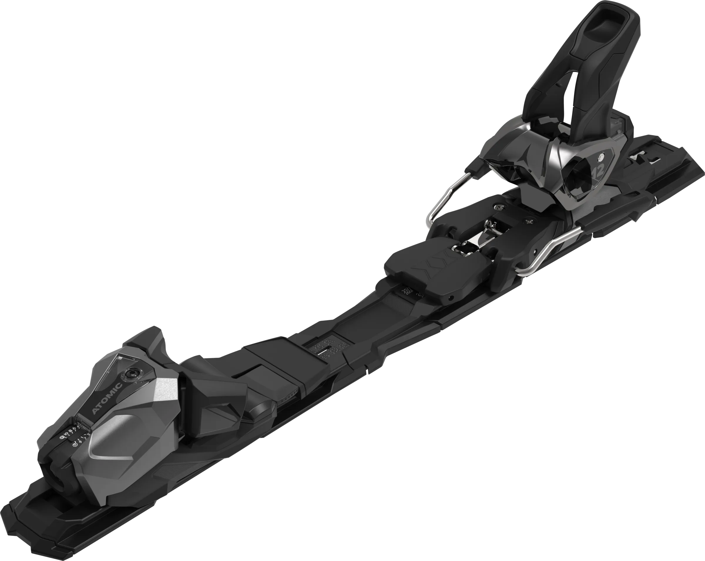 Black Atomic ski binding, photographed at an angle from above, against a white background. The binding has silver accents and scaling.