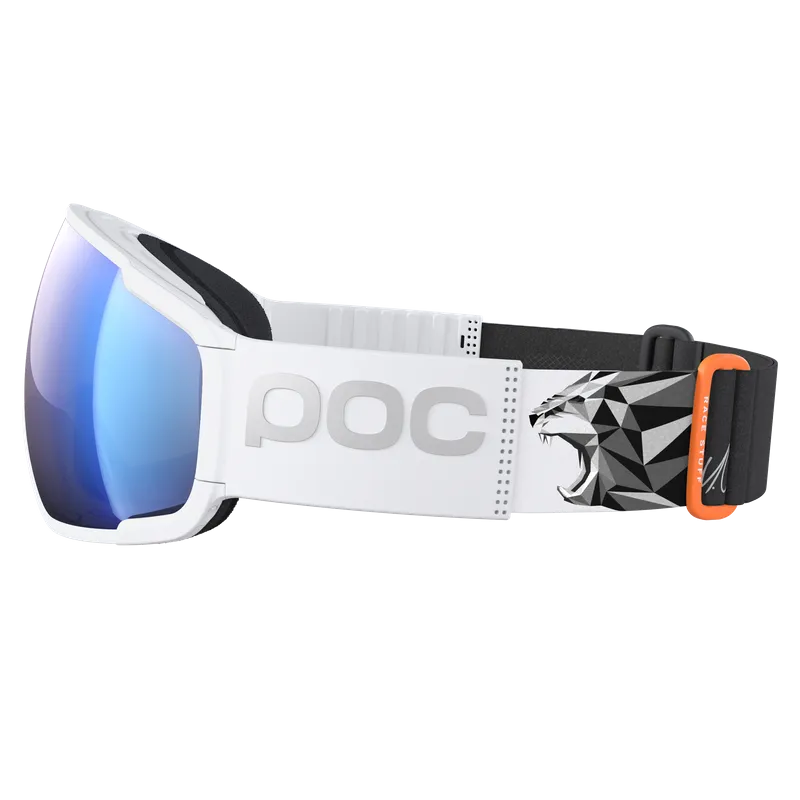 White ski goggles with blue lens, "POC" logo and geometric tiger head on a black strap.