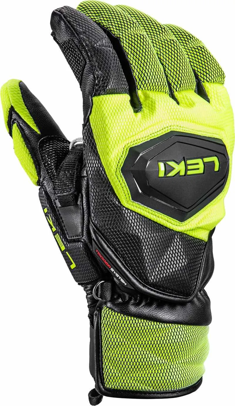Close-up of the Leki Venom SL 3D racing glove in black and ice-lemon with logo and mesh structure.