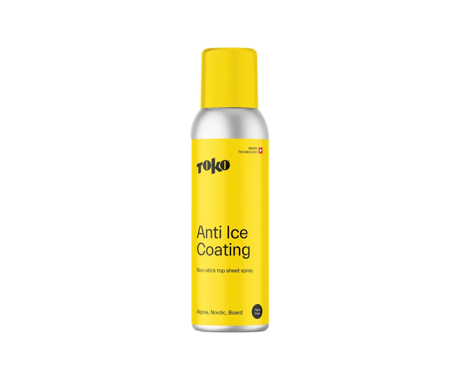 A silver spray bottle with yellow lettering and cap against a white background.
