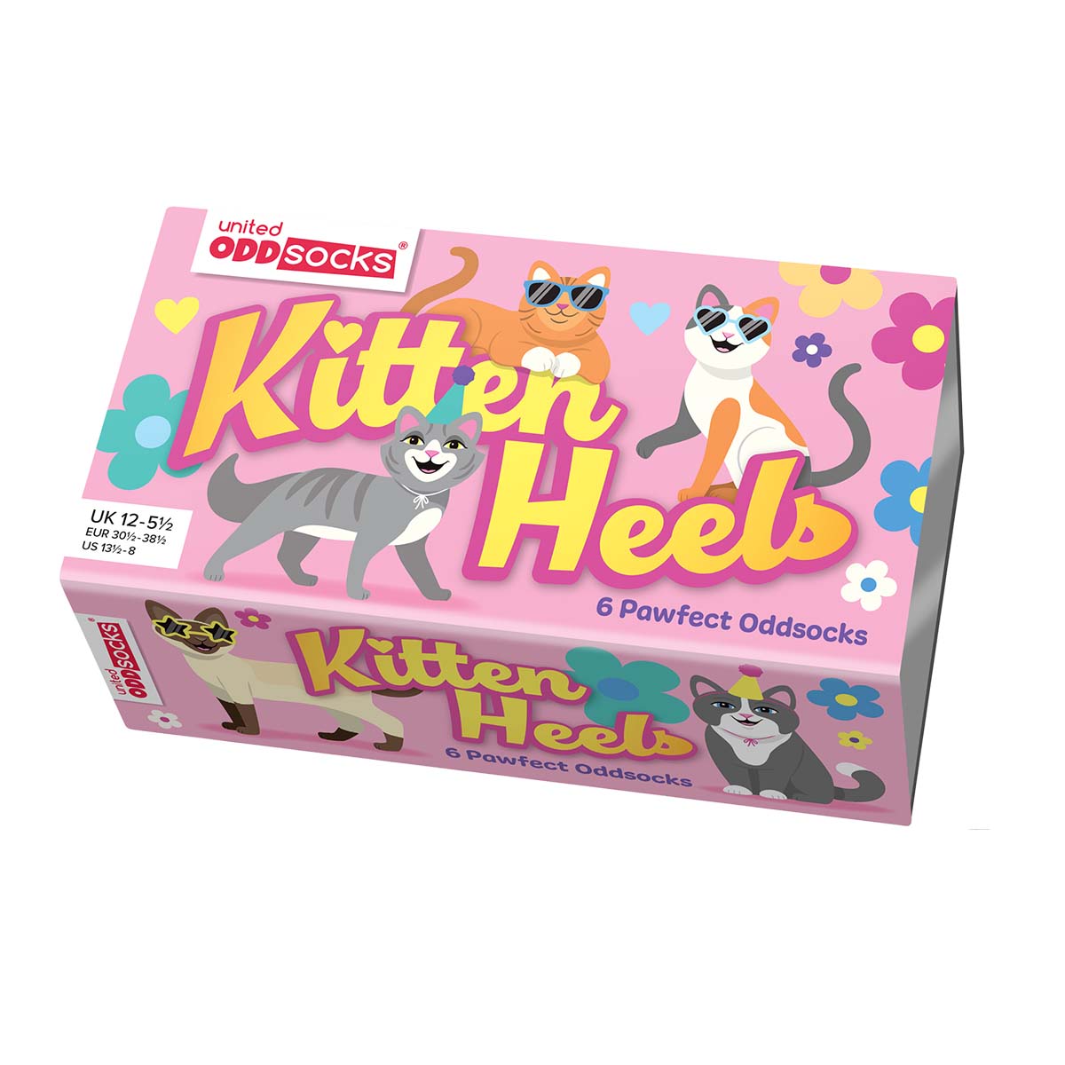 Verpackung der "United Oddsocks Kitten Heels", mit Katzen Illustrationen und Blumen auf rosa Hintergrund.