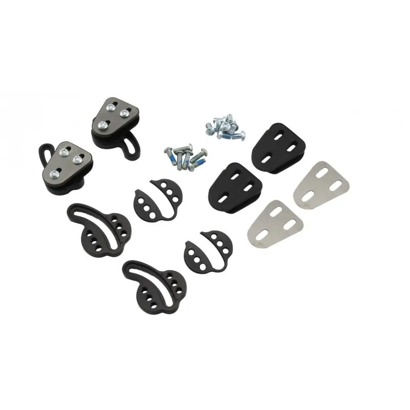 Spare parts for the Plum Eterlou splitboard binding. Screws, brackets and plates in black and silver.