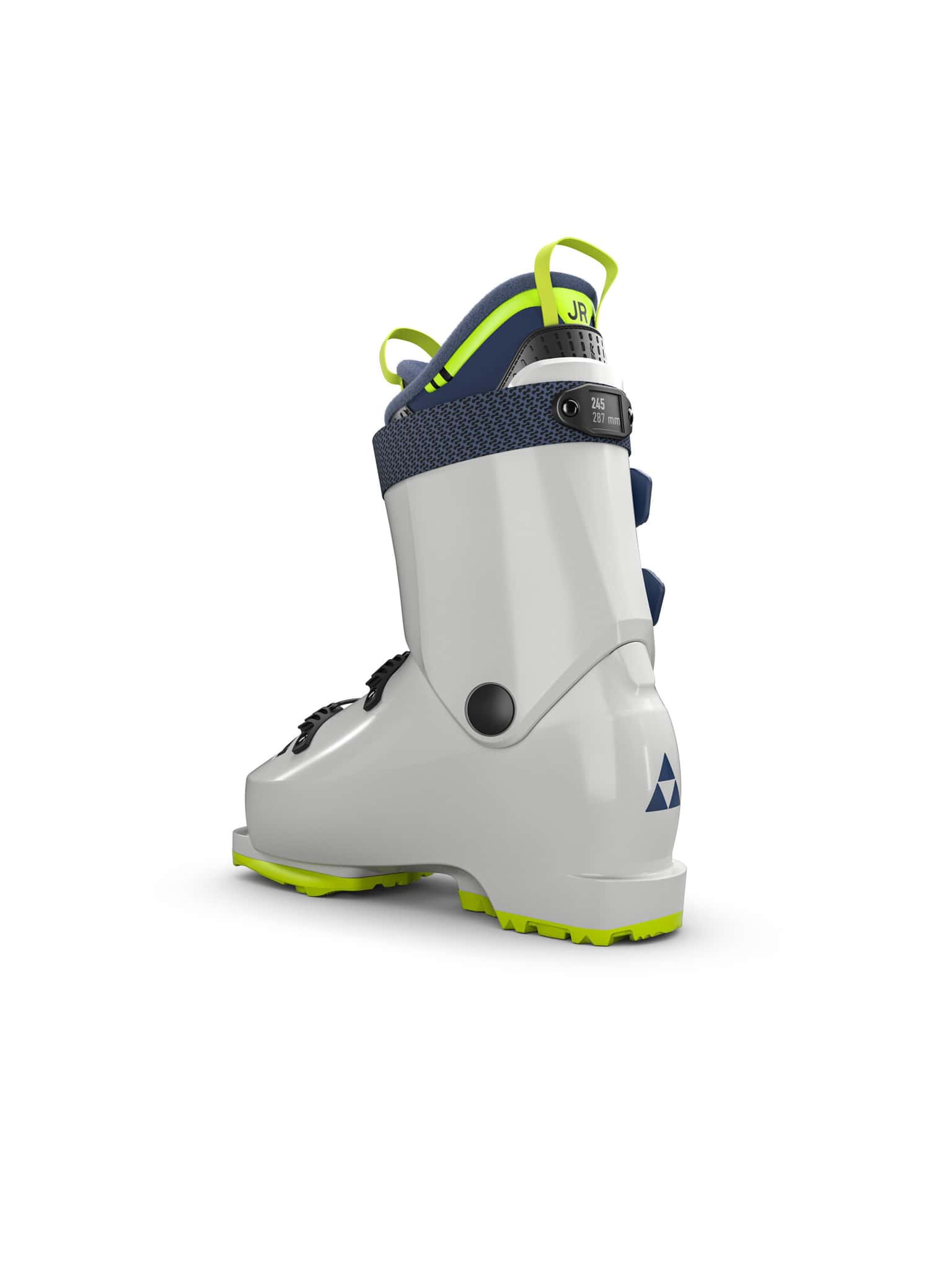 Chaussure de ski blanche Fischer RC4 60 JR vue de derrière avec semelle et dragonne jaunes, accents bleus et logo du fabricant.