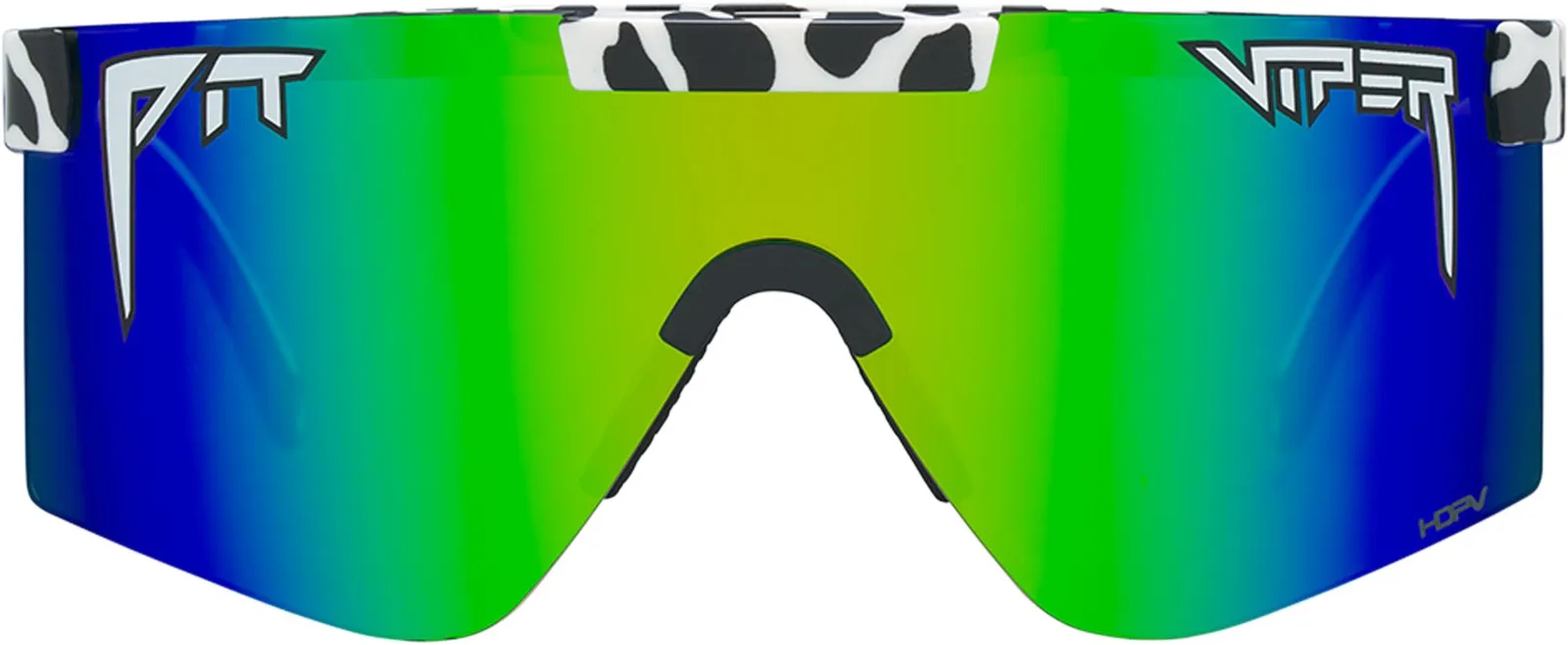 Large, eye-catching sunglasses with a green-blue color gradient and a frame with a cowhide pattern.