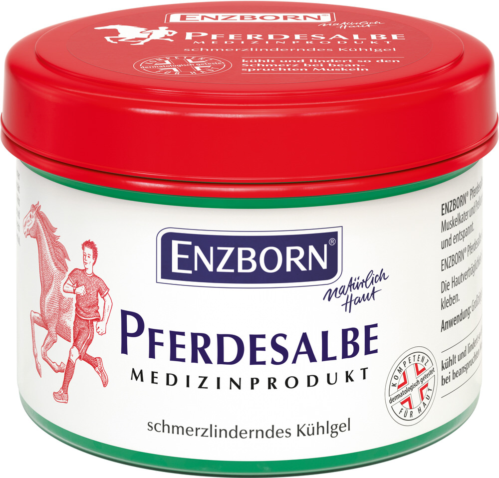 Pommade pour chevaux Enzborn Boîte d'onguent pour chevaux, couvercle rouge, étiquette blanche avec l'inscription Enzborn Onguent pour chevaux et illustration d'un cheval et d'un coureur.