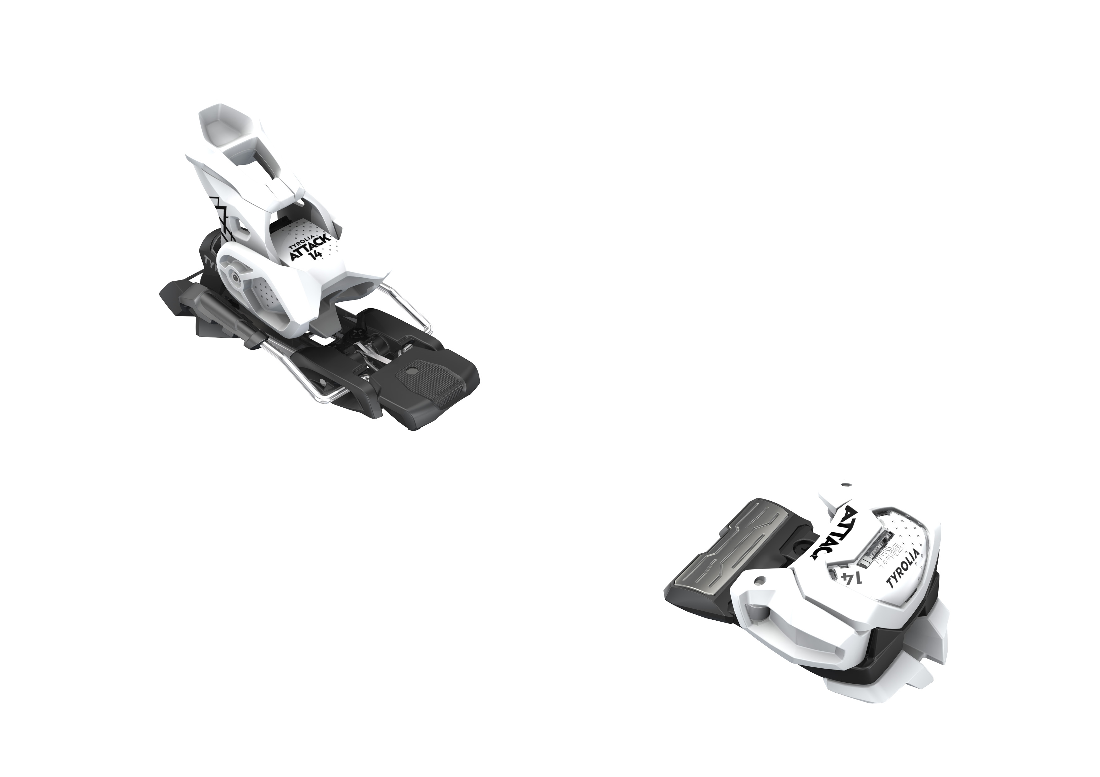 Weisse Ski-Bindung `Head ATTACK 14 GW` in Nahansicht, bestehend aus Vorder- und Hinterteil.