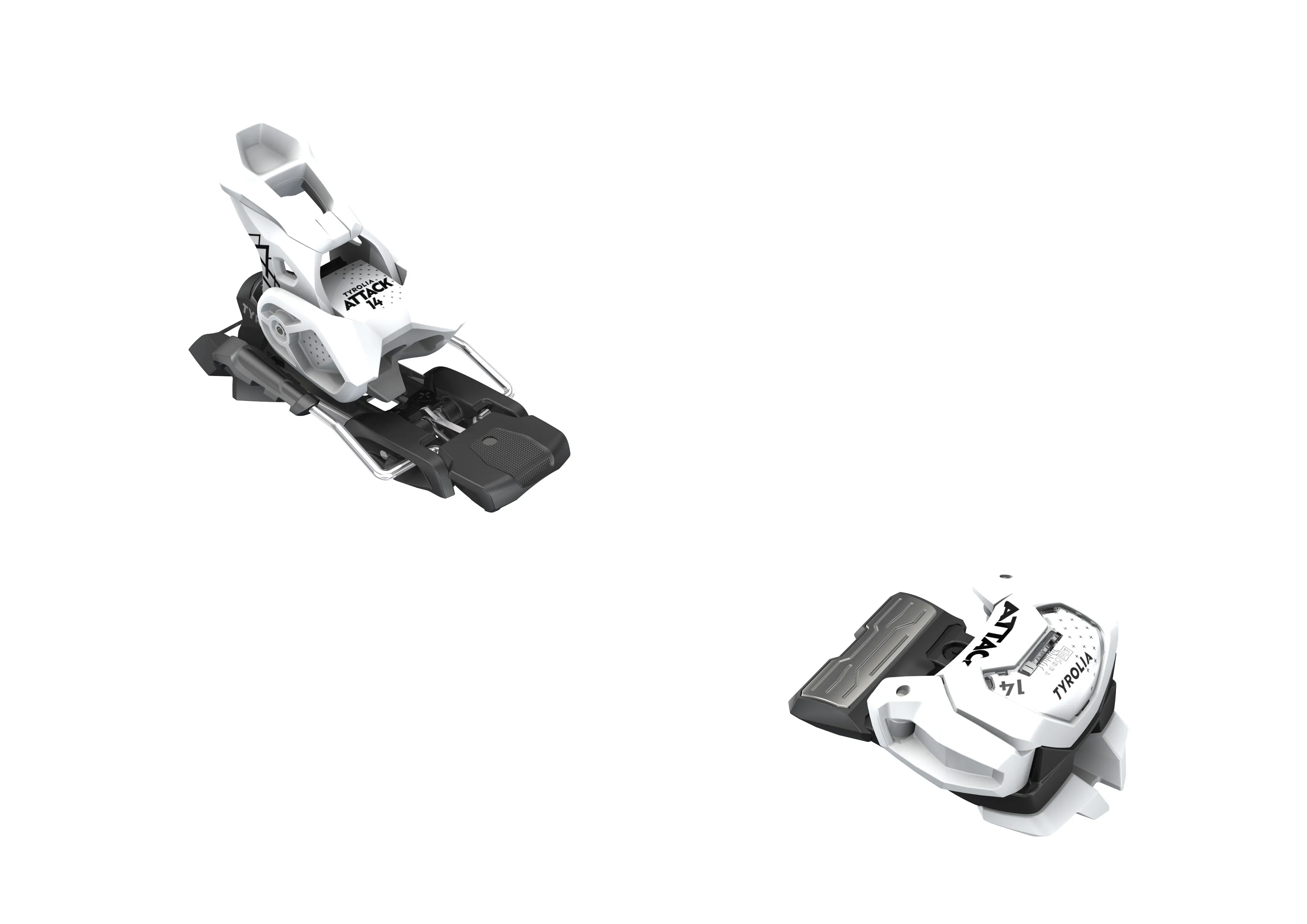 Weisse Ski-Bindung `Head ATTACK 14 GW` in Nahansicht, bestehend aus Vorder- und Hinterteil.