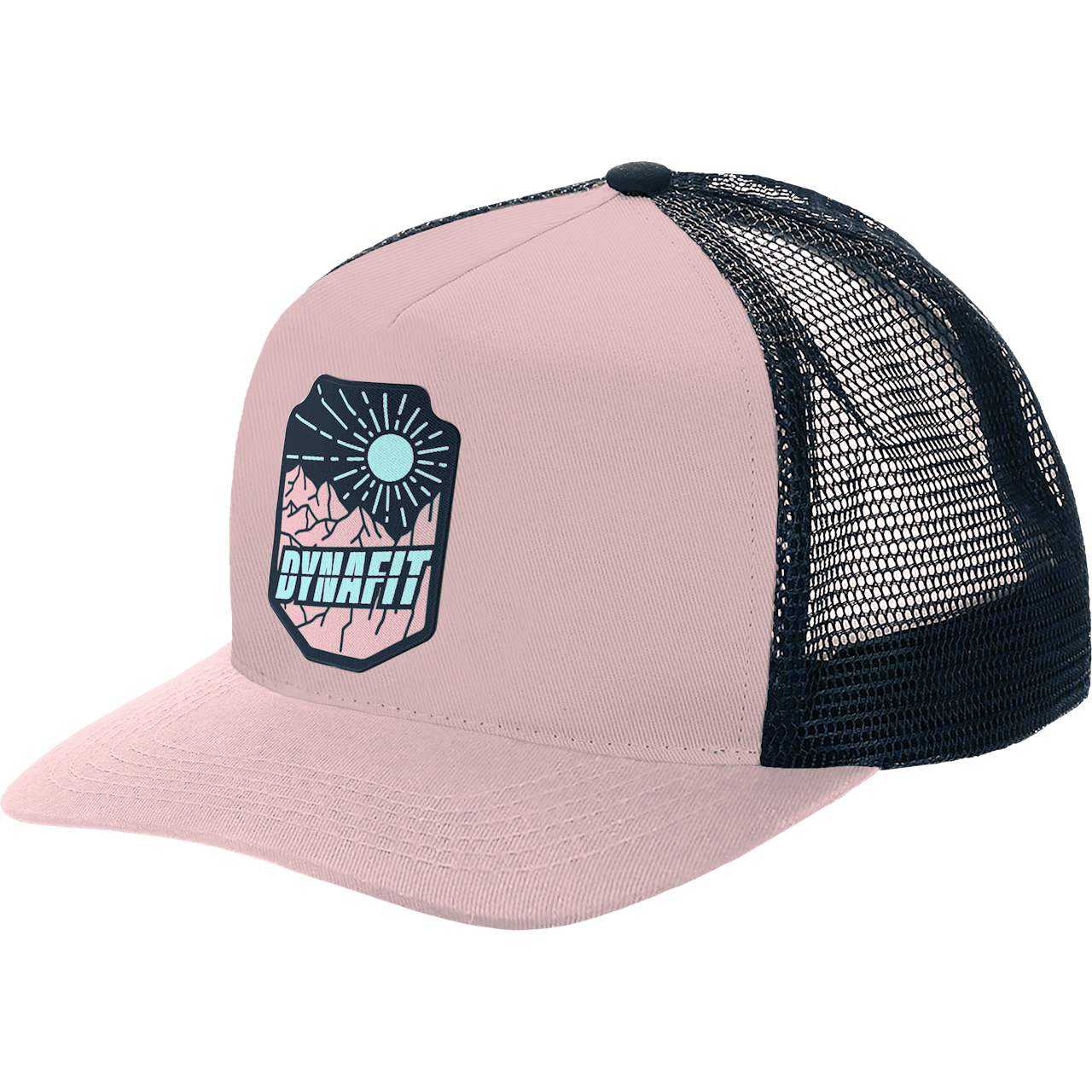 Hellrosa Dynafit Trucker Cap mit Logo-Patch und schwarzem Mesh-Einsatz am Hinterkopf.