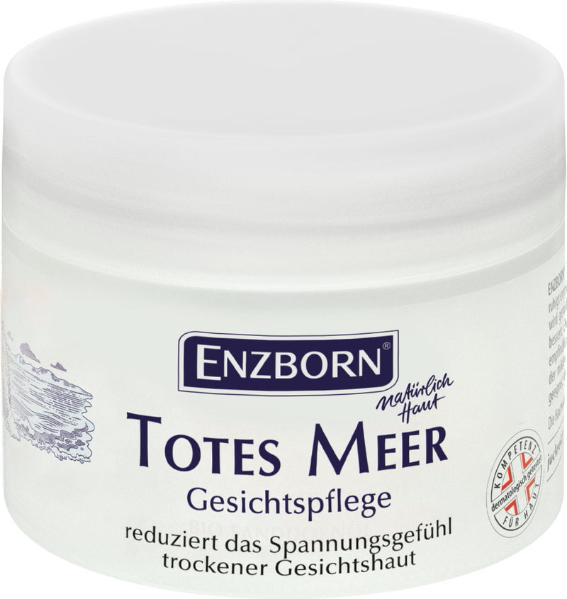 Weißer Tiegel "Totes Meer Gesichtspflege" von ENZBORN mit blauem Schriftzug und Illustration.
