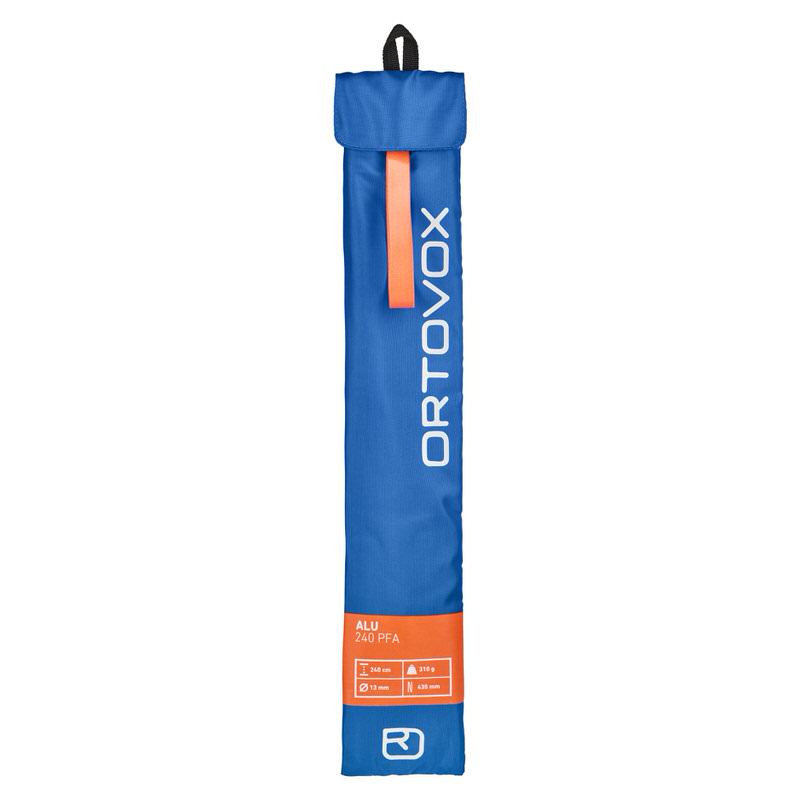 Verpackte Ortovox Carbon 280+ PFA Sonde in Blau mit orangefarbenem Riemen und Ortovox Logo.